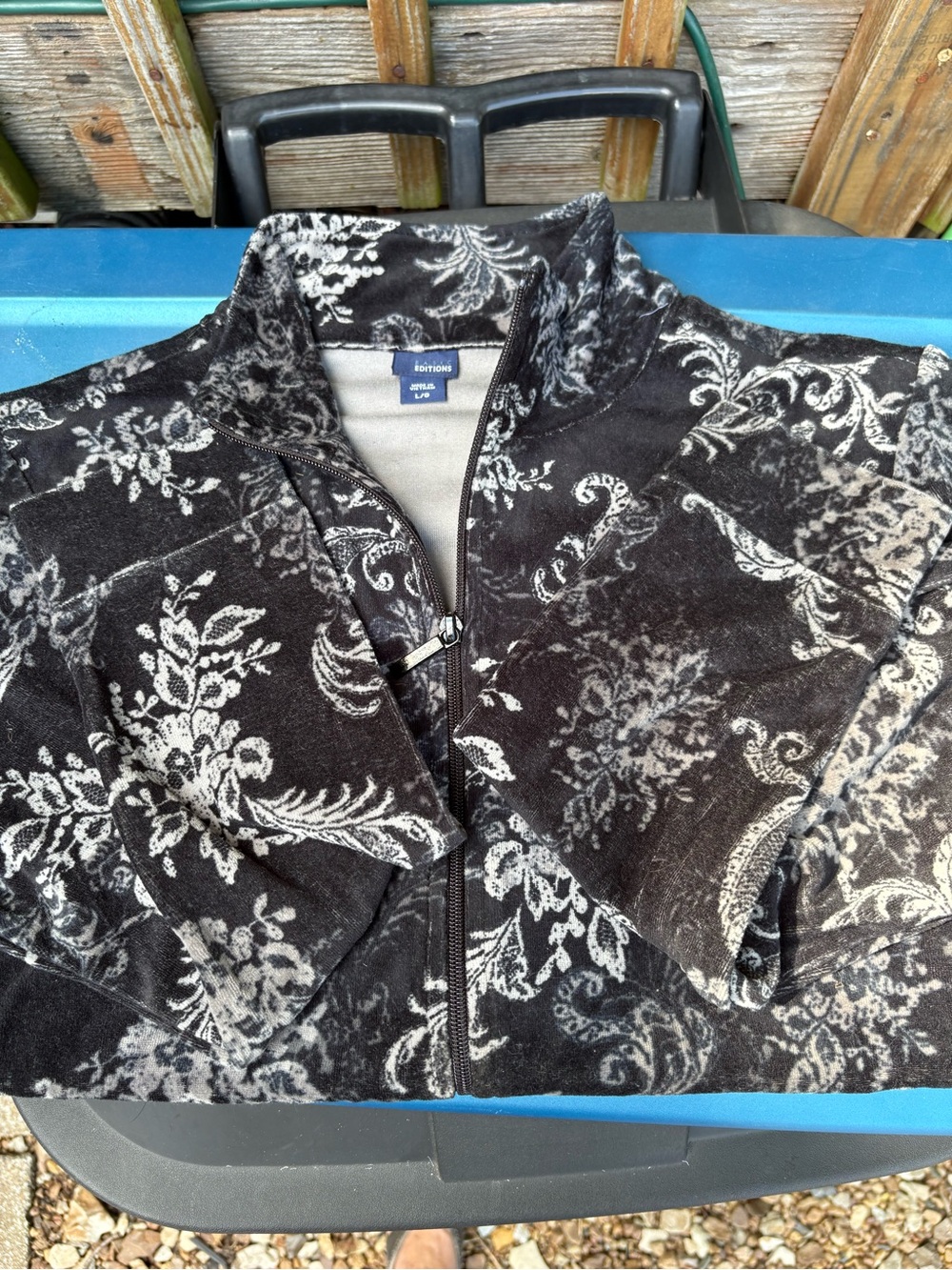 Basic Editions Black and White Floral Zip-Up Fleece Jacket